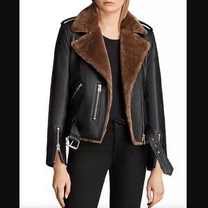 AllSaints Balfern Lux Shearling Leather Biker Jacket US 8 Black Moto